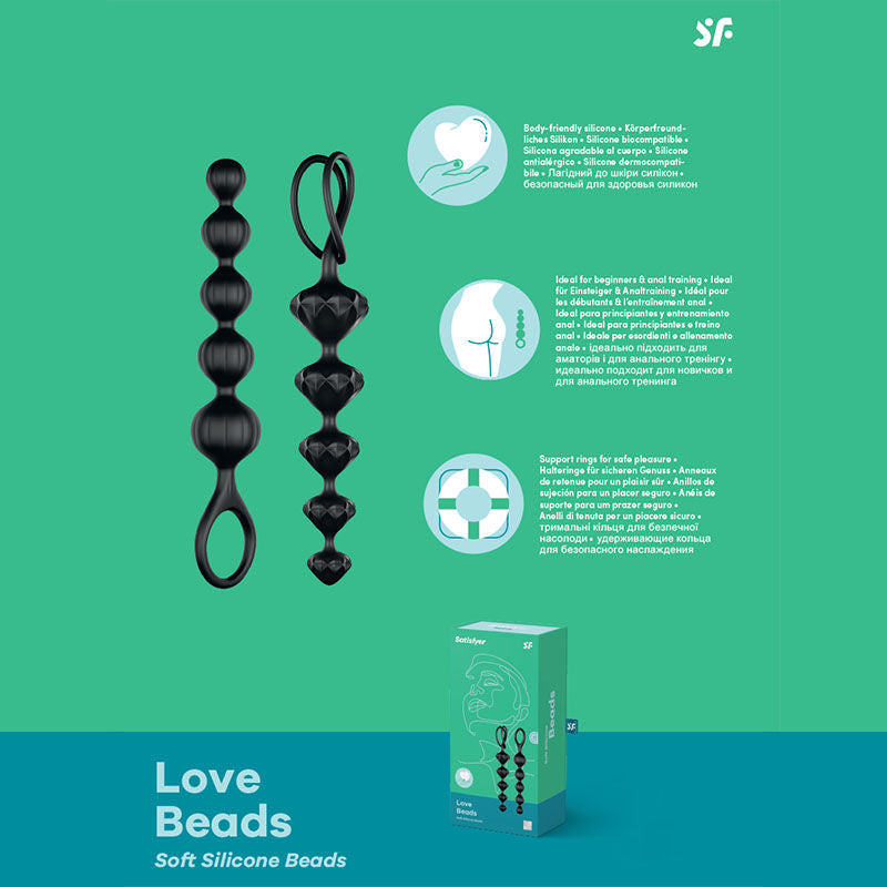 Front view of the soft, graduated black anal beads with features highlighted on a green and blue background, packaging visible on the right | Flirty Bay, anal plug adult store Australia