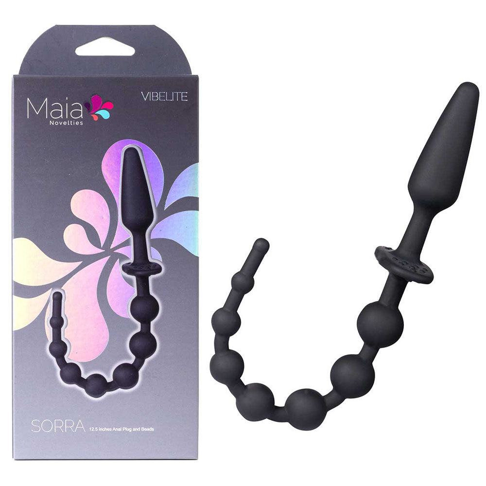 Front view of black dual-ended anal beads and butt plug with packaging on the left side against clear white background | Flirty Bay, anal plug adult store Australia