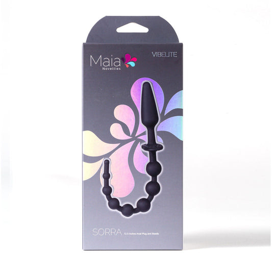 Packaging view of Maia Sorra anal beads and butt plug showing brand name at the top against clear white background | Flirty Bay, anal plug adult store Australia