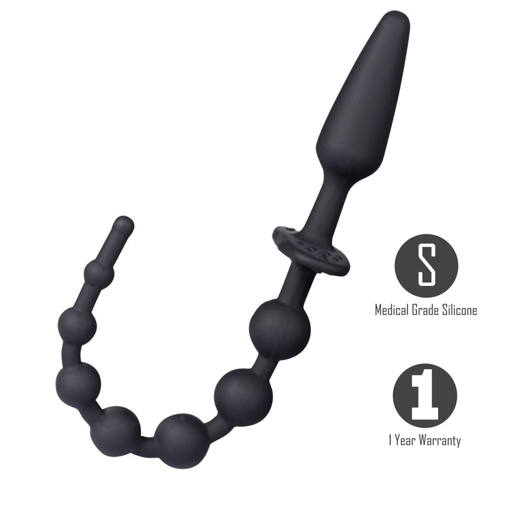 Side view of black anal beads with written features displayed on the right against white background | Flirty Bay, anal plug adult store Australia