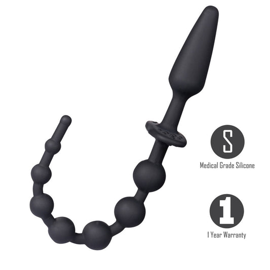 Side view of black anal beads with written features displayed on the right against white background | Flirty Bay, anal plug adult store Australia