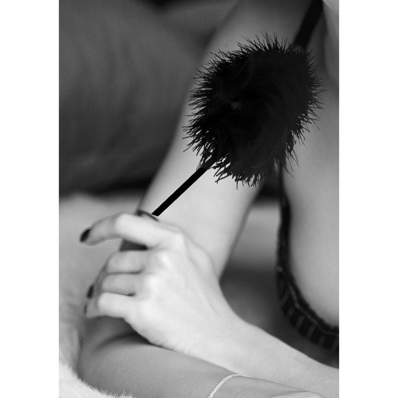 Black and white feather tickler by OUCH! for sensual foreplay and erotic teasing, front view| Flirty bay online adult store, adult toys and lingerie