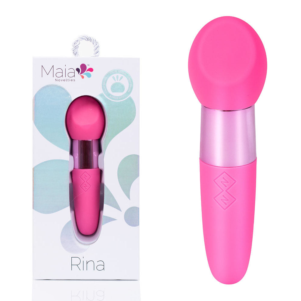 Front view of the pink Maia Rina bullet vibrator with packaging on the left on a white background | Flirty Bay, sex toys Australia