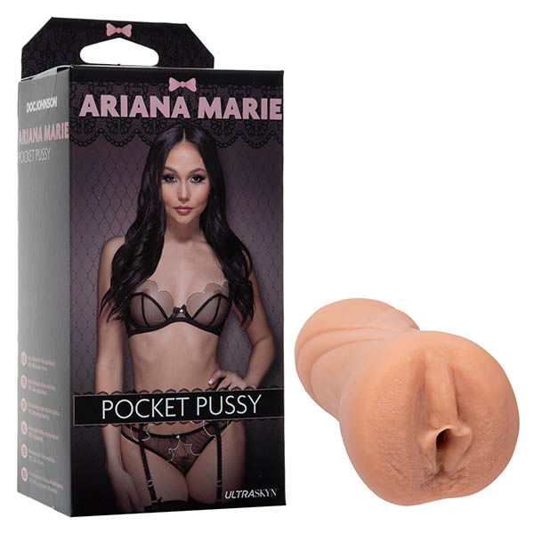 Ariana Marie Pocket Pussy front view with packaging on a clear white background | Flirty Bay, male masturbator adult store Australia