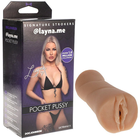 Side view of pocket pussy male masturbator showing entry and internal texture with packaging on the left | Flirty Bay adult store Perth