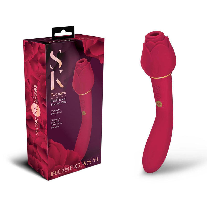 Secret Kisses Rosegasm Twosome displayed with elegant packaging box | Flirty Bay, Rose Toys, vibrator, adult store Australia.