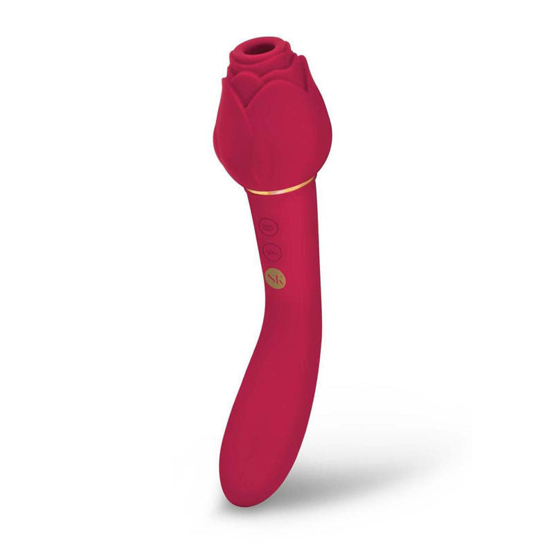 Side profile of Rosegasm Twosome highlighting curved shaft and rosebud tip | Flirty Bay, Rose Toys, clitoral stimulation, adult store Australia.