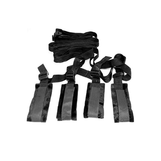 Black under-bed bondage restraint kit with four adjustable straps and soft cuffs for discreet, portable BDSM play, focus on cuffs, top view | Flirty bay online adult store, adult toys and lingerie