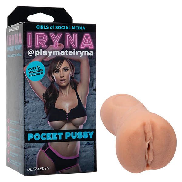 Side view of realistic UltraSkyn pocket pussy featuring lifelike vaginal entry and internal sleeve texture, with packaging displayed on the left side | Flirty Bay adult store Perth