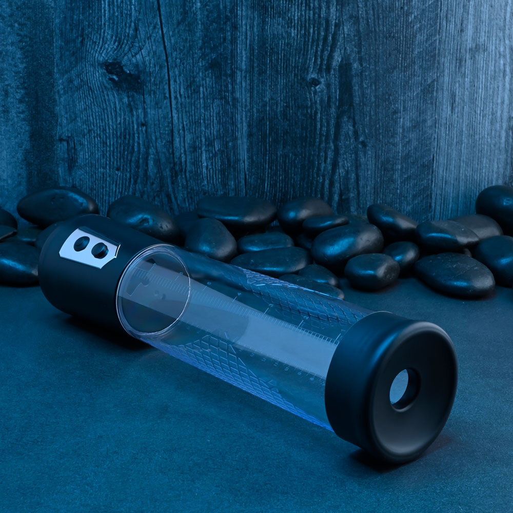 Clear penis pump with measurement markings, textured grip, and removable silicone sleeve for size enhancement and erection support, bottom view | Flirty bay online adult store, adult toys and lingerie