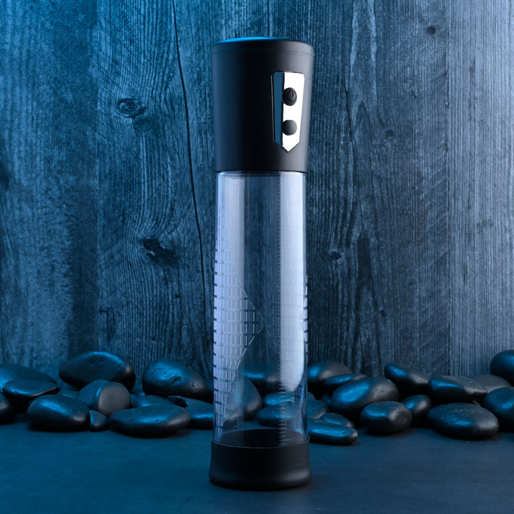 Clear penis pump with measurement markings, textured grip, and removable silicone sleeve for size enhancement and erection support, front view | Flirty bay online adult store, adult toys and lingerie