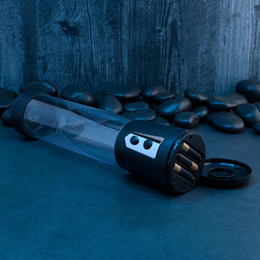 Clear penis pump with measurement markings, textured grip, and removable silicone sleeve for size enhancement and erection support, show battery features | Flirty bay online adult store, adult toys and lingerie