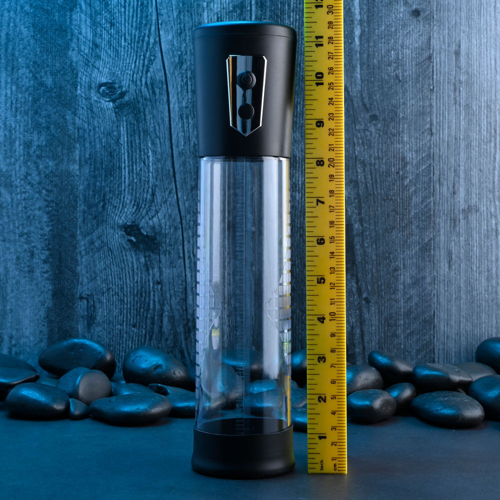 Clear penis pump with measurement markings, textured grip, and removable silicone sleeve for size enhancement and erection support, show size features | Flirty bay online adult store, adult toys and lingerie